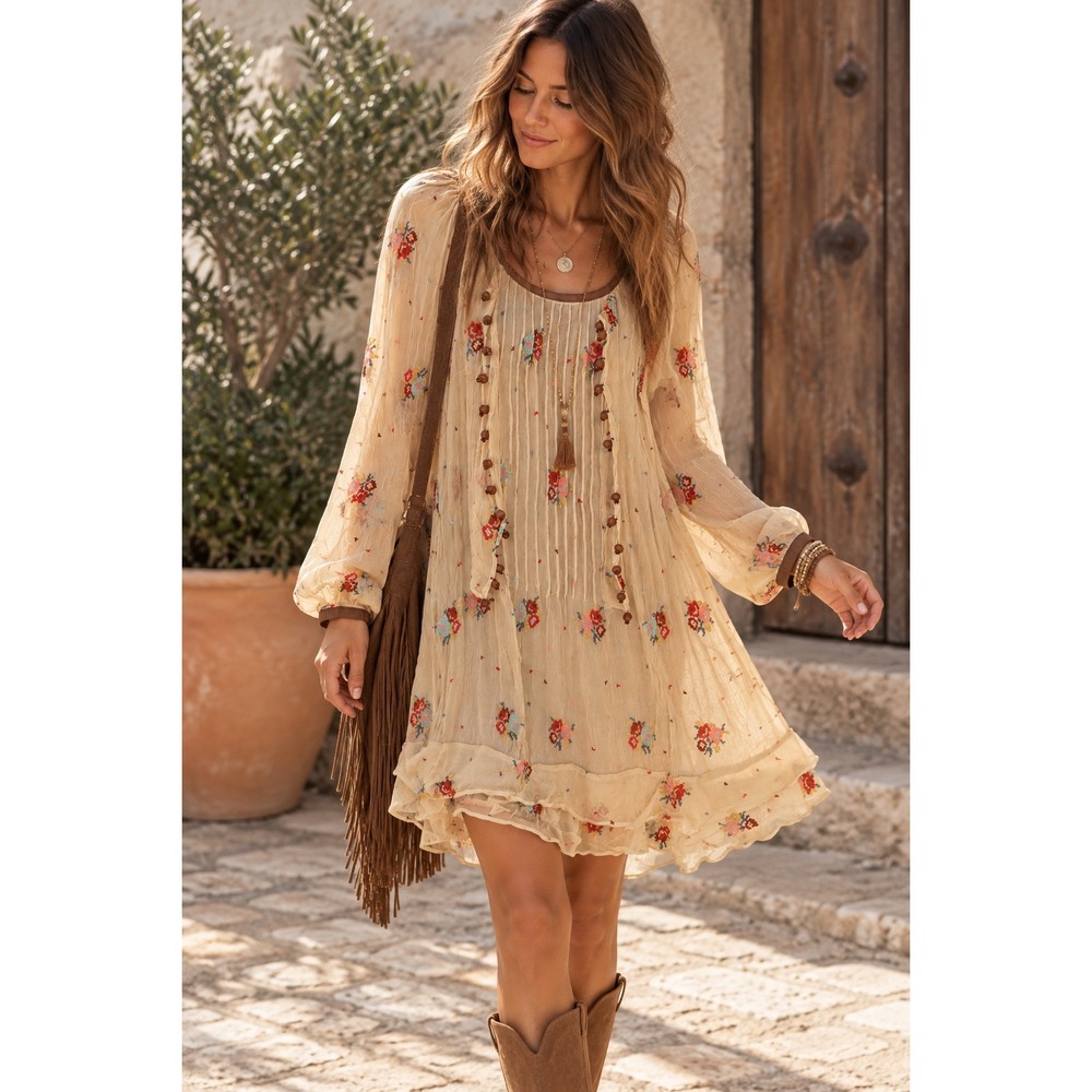 Plenty by Tracy Reese Tunic Dress Womens Small Beige Floral Silk Boho Ethereal